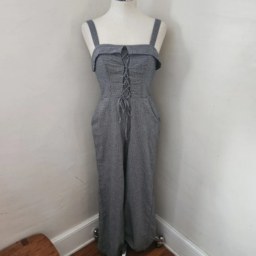 Aeropostale Womens XS Jumpsuit Gingham Black White Lace Up Corset Wide Leg - Picture 6 of 6